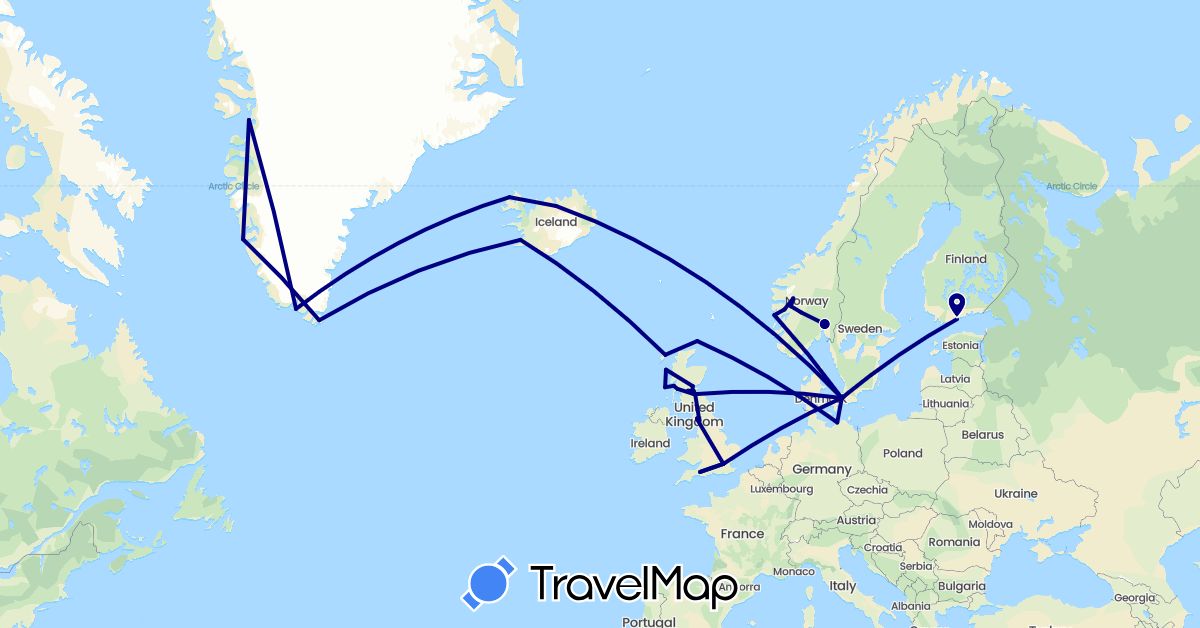 TravelMap itinerary: driving in Germany, Denmark, Finland, United Kingdom, Greenland, Iceland, Norway (Europe, North America)